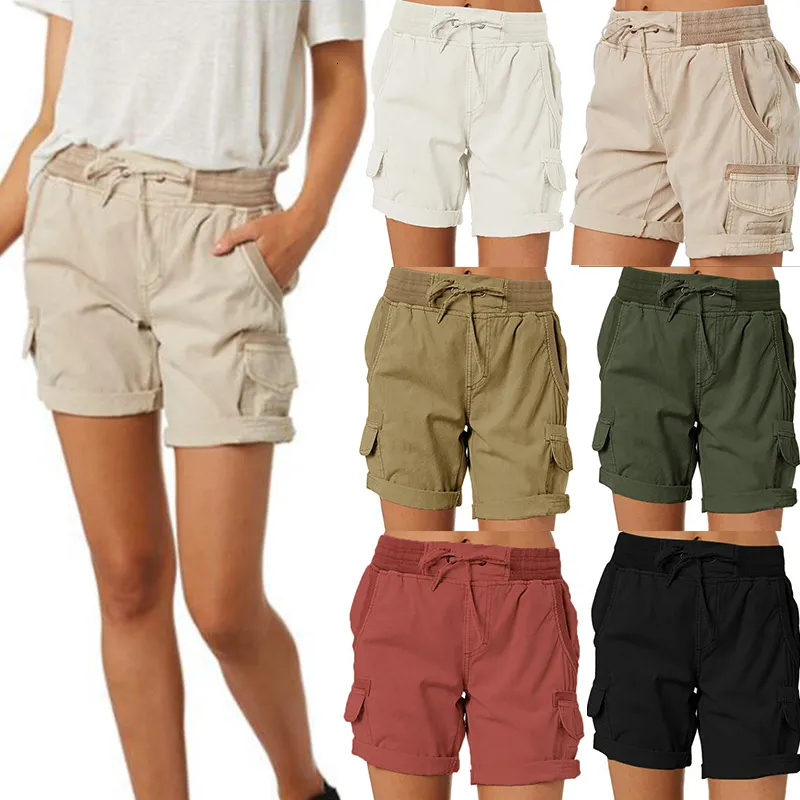 Femmes Shorts Femmes Cargo Pantalon Taille Élastique Court Coton Lin Poche D'été Plage Solide Couleur Minceur Comfot Respirant 230625