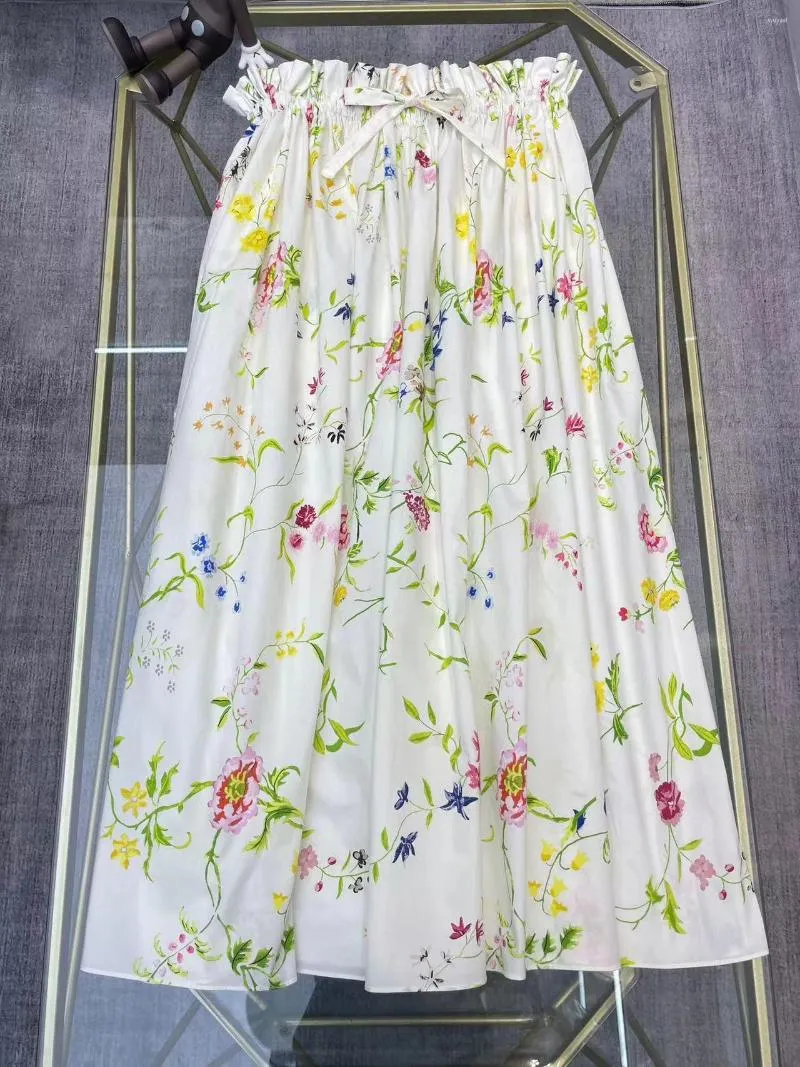 Gonne Fyion Runway Fashion Women Cotton Skirt 2023 Summer Floral Print Long Ladies Casual Top elastico in vita