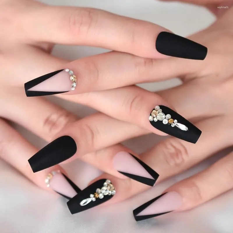 False Nails 3D Rhinestones Black Nude Pink Matte Press On Medium Length Coffin Acrylic Fake Nail Art Tips