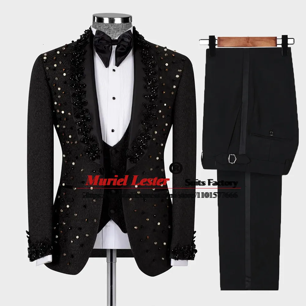 Herrenanzüge Blazer Luxus Hochzeit Smoking Schwarz Formal Bräutigam Männer Slim Fit Kristalle Perlen und Laple Blazer Maßgeschneidert Prom Kleid 2023 230625