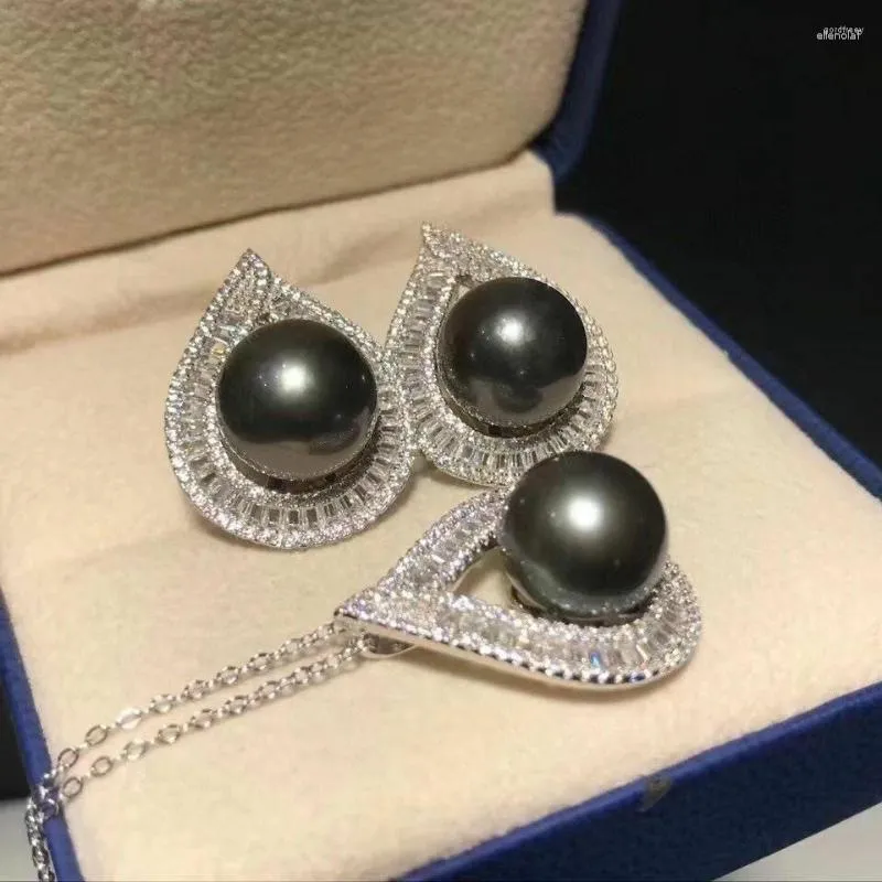 Chains Stunning 10-11mm Tahitian Black Pearl Pendent &earring 925s