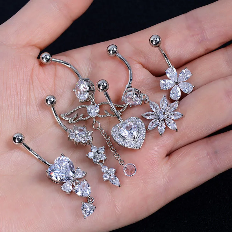 Navel Bell Button Rings Belly Button Rings RVS Butterfly Wing Flower Zircon Dangle for Women Belly Navel Rings Body Belly Piercing Sieraden 230626