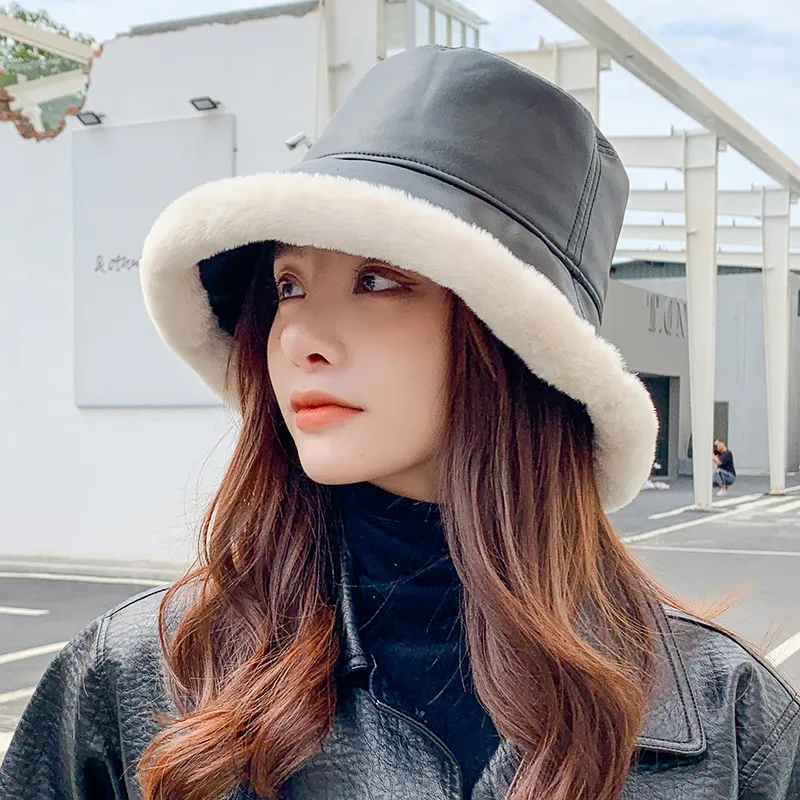 Sombrero de cubo de cuero negro para mujer invierno 2021 otoño piel sintética peludo Bob Chapeau mujer moda coreana gorra de pesca sombreros de pescador