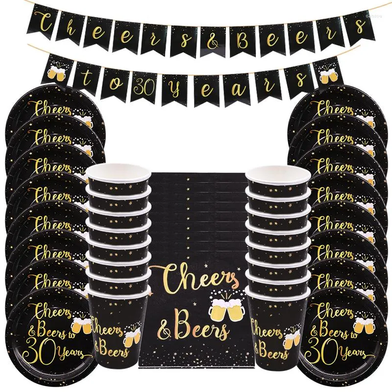 Party Decoration Black Gold Disponertable Tableware Set Paper Plate Cups Banner Cheers Beers 30 40 50 60 Years Birthday Wedding