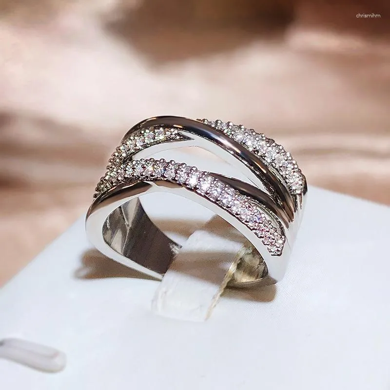 Кластерные кольца модный кристалл двойной палубный крест для женщин шарм циркония пересекает открытие 925 стерлингового серебряного кольца