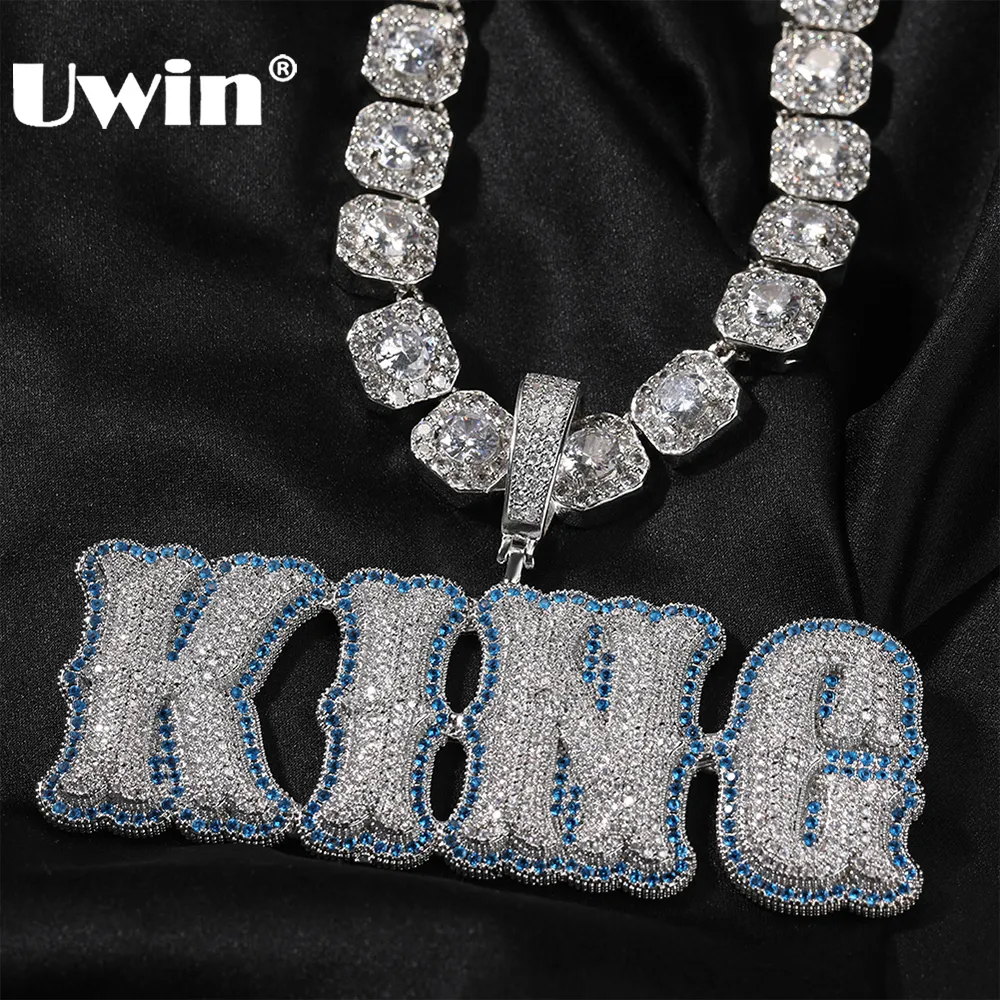 Colares com Pingente UWIN Colares com Nome Personalizado Iced Out Azul Céu Zircão Cúbico Letras Pingente Moda Personalizado Hip Hop Jóias para Presente 230626