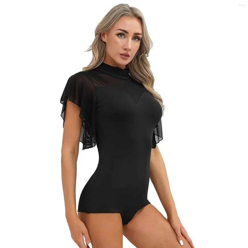 Vêtements de scène femmes Ballet danse justaucorps body à volants maille à manches courtes Performance Costume auto-cravate trou de serrure dos Dancewear