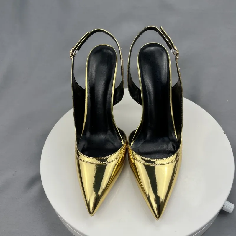 Gold Slingback Fashion Pumps Customized Heeled 10cm heels Pointed Toe Party Wedding Shoes Sexy Big Size 33-45