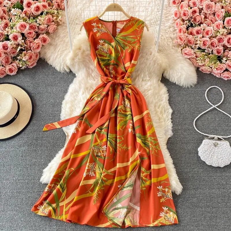 Vestidos casuais Frenchic Floral Summer Dress For Women Holiday Beach Slit Ladies Maxi V-neck Lace-up Feminino Vestidos De Mujer Dropship