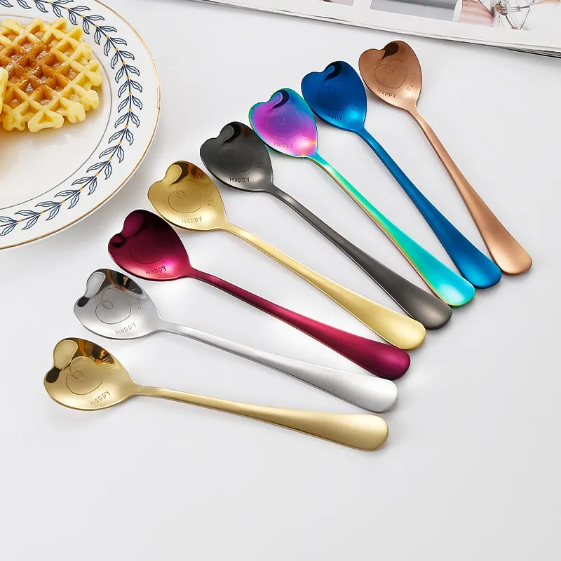 Stainless Steel Dessert Spoon Heart Shaped Spoons Kitchen Long Handle Coffee Milk Stirring Scoops Wedding Guest Gift Tableware YFA1937