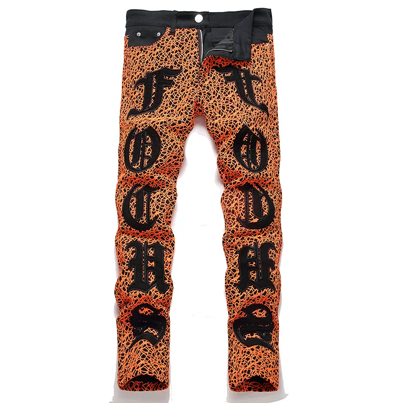 Orange Spider Web Men's Jeans Summer Street Letter Embroidered Small Straight Stretch Denim Casual Loose Mens Clothing