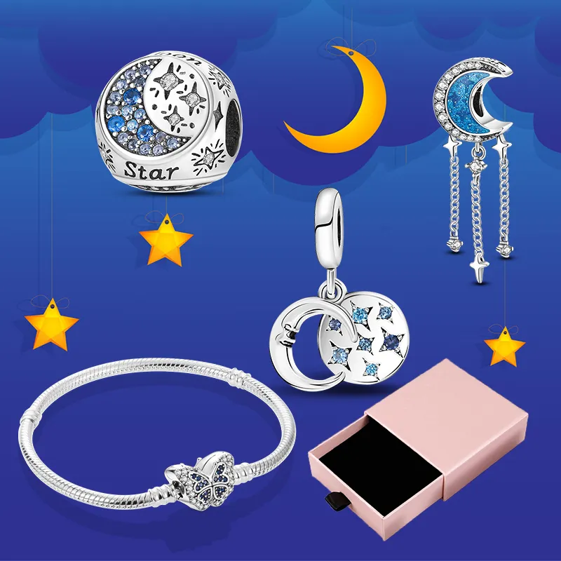 925 Silver Fit Pandora Charm 925 Bracelet Sparkling Star Charms Set Family Starry Night Sky charms set Pendant DIY Fine Beads Jewelry