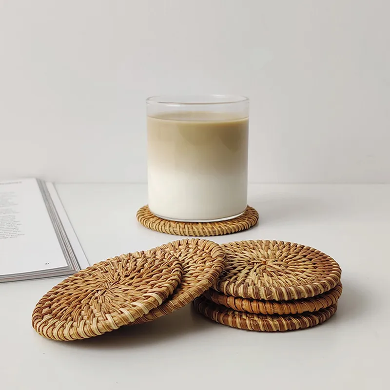 Handmade Natural Rattan Coasters Mats for Drinks Heat Resistant Reusable Wicker Boho Coaster for Teacup