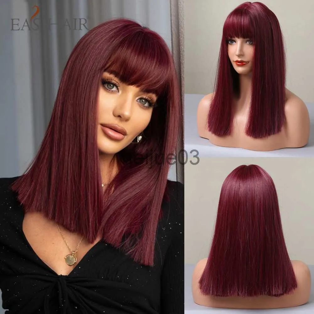 Parrucche sintetiche EASIHAIR Parrucche sintetiche lisce con frangia Parrucca da donna rosso vino Parrucche di capelli bordeaux medio per donne Parrucche colorate resistenti al calore x0626