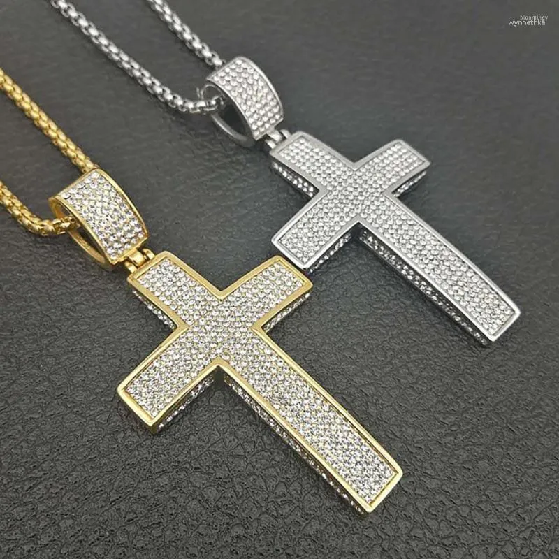 Chaînes En Acier Inoxydable Cristal Pierre Pave Croix Pendentif Collier Religieux Hip Hop Bijoux Jésus Cadeau Pour Lui