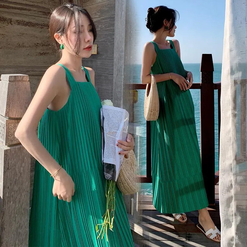 Dresses Suspenders Pleated Long Dress Women Summer Sleeveless Fashion Solid Loose Casual Sexy Backless Aline Dress Female Sundress