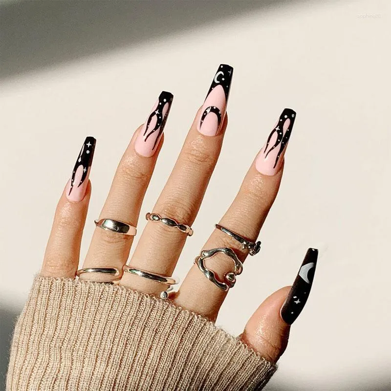 Falsche Nägel 24 Stück abnehmbare gefälschte lange Mond-Feuer-Muster, Halloween-Stil, zum Aufdrücken, DIY-Maniküre, vollständige Ballerina-Nagelkunst-Spitzen