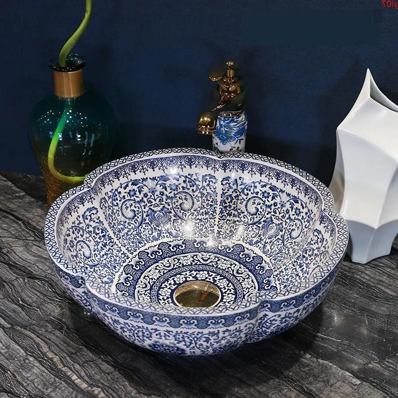 Porcellana Lavabo Lavabo da appoggio in ceramica Guardaroba Dipinto a mano Lavabo da bagno Lavandino da bagno Lavabo da appoggio blu e biancobuona quantità Ndxip