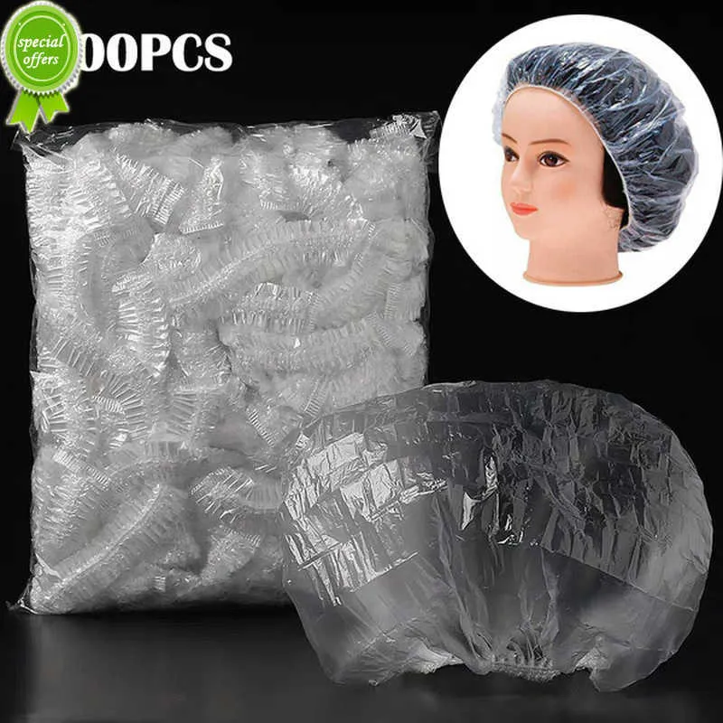 Nuove cuffie da doccia usa e getta da 100 pezzi Cappello trasparente Spa Parrucchiere Hotel One-Off da bagno Cuffia da doccia elastica Prodotti da bagno Cuffie da bagno