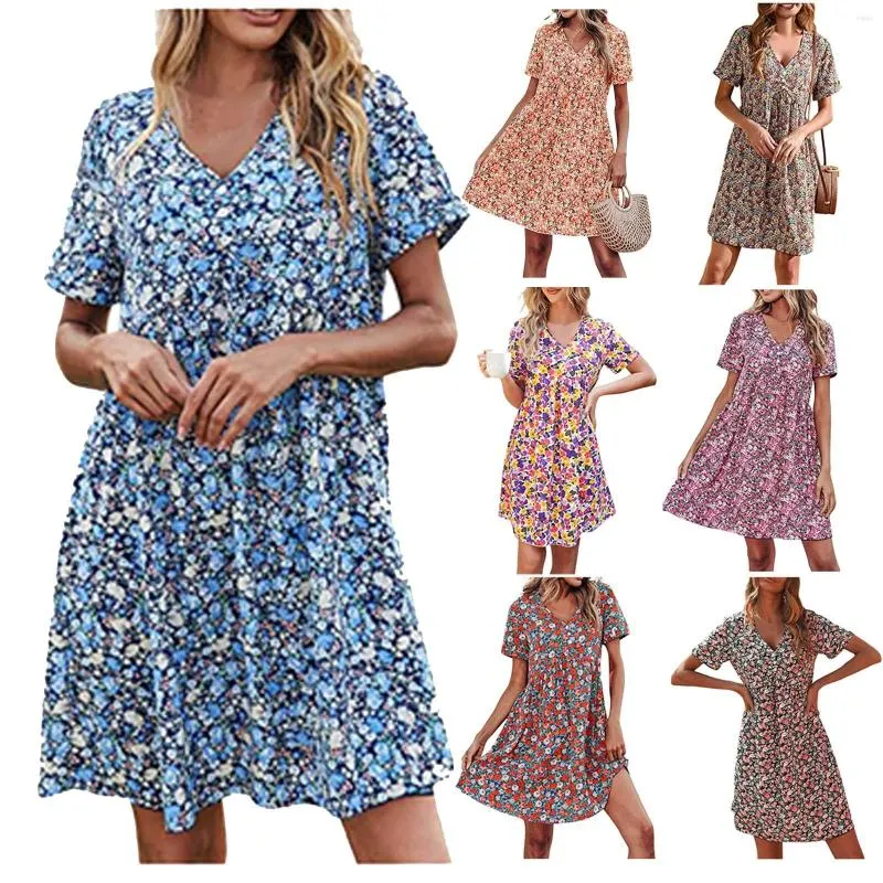 Casual Dresses Fashion Women'S Summer Round Neck Wrinkle Floral Printed Pattern Loose Button Plain A-Line Tunic Dress Vestidos