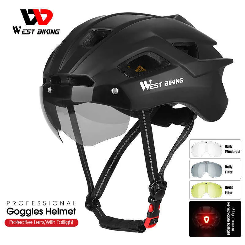 Cycling Helmets WEST BIKING Safety Helmet With D Light MTB Enduro Triathlon Professional Road Bike Helmet Ectric Scooter Helmet With Goggs HKD230626