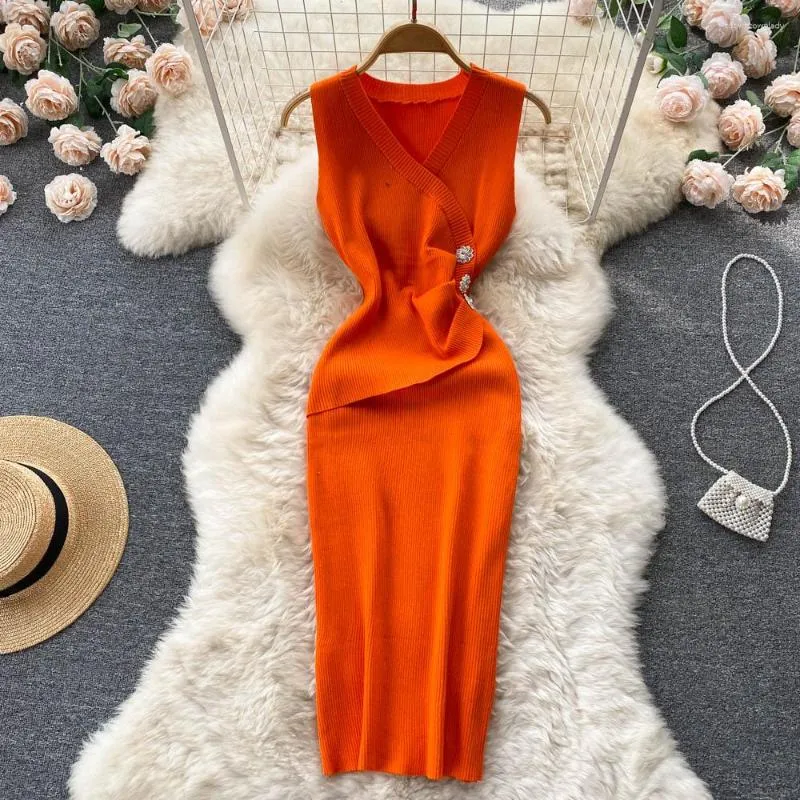 Casual Dresses Sleeveless Elastic Knit Bodycon Wrap Dress Criss-cross V Neck Fashion Party Elegant Vestidos Chic Summer Sexy Tight Women