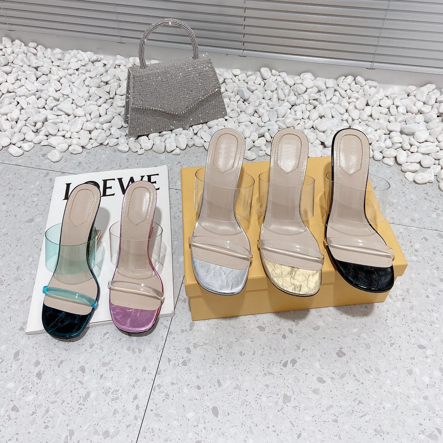 Summer Designer First Women Transparent Electroplated Heel Sandal Tu Film Sheepskin Padded Heel Height 9.5cm Beach Swimming Pool Outdoor High Heel Shoe