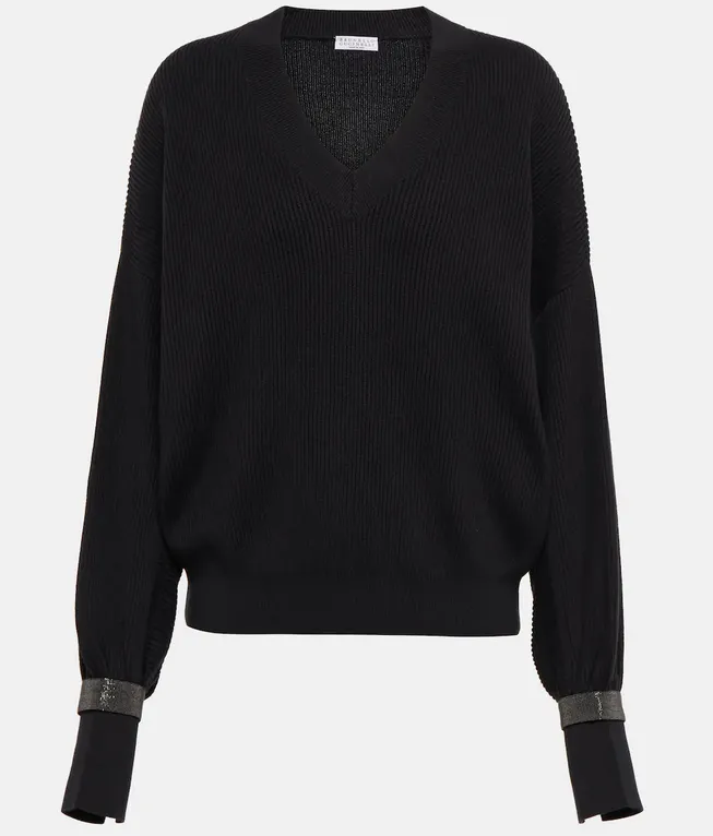 Panks pour femmes Brunello V cou de cou coton Cucinelli pull noir avec rivets à manchette