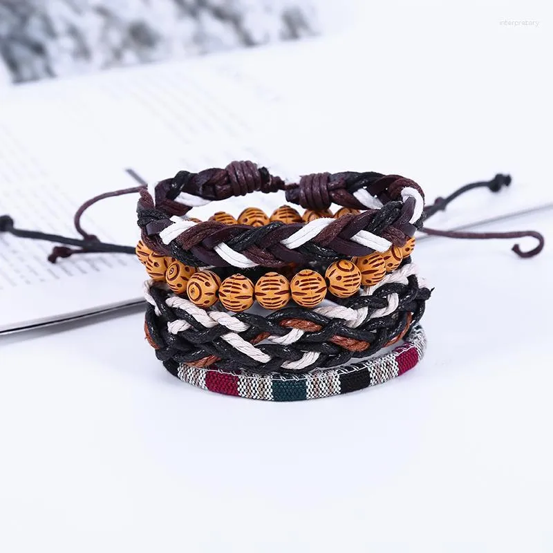 Charm Bracelets 4 pçs/set Couro Genuíno Trançado Preto/Marrom Punk Conjunto Multicamadas Para Mulheres Homens Pulseiras de Corda Pulseras Mujer Melv22