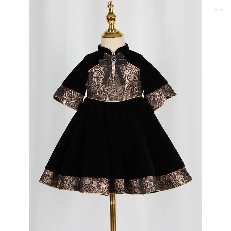 Fille robes enfants velours genou-longueur robe de soirée haut col rond gland nœud Performance enfants exquis première Communion robe