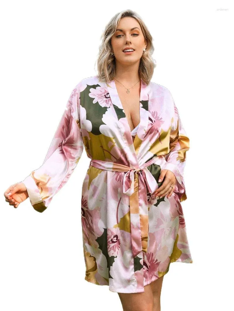 Ropa interior de mujer Tallas grandes Estampado floral Hombro caído Cinturón Satén Bata de dormir Sin lencería I5zN # Mujer