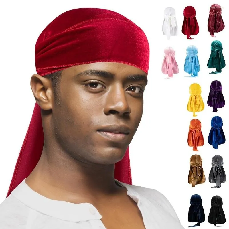 Gorros de veludo cor sólida pirata chapéu masculino Durag poliéster cauda longa bandana street dress up