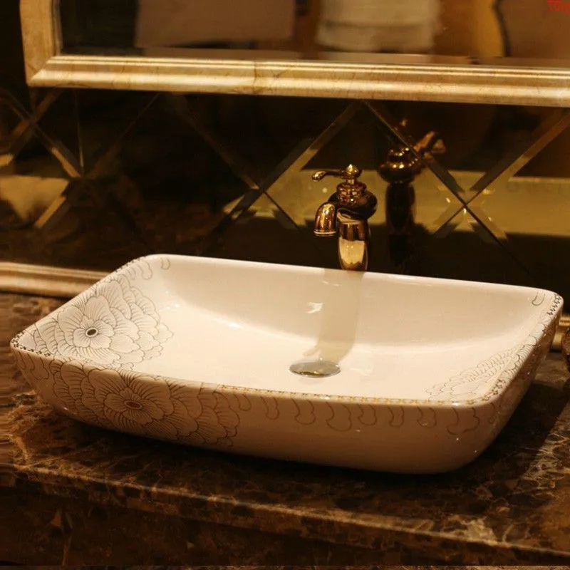 Pia de bancada de cerâmica de banheiro de porcelana Lavatório retangular popular na europa arte lavabo pia de mãoboa quantidade Qlple