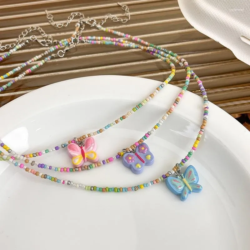 Choker Fashion Y2K Colorful Rice Beads Butterfly Necklace For Women Girls Boho Flower Pendant Clavicle Chain Jewelry Gift Collar