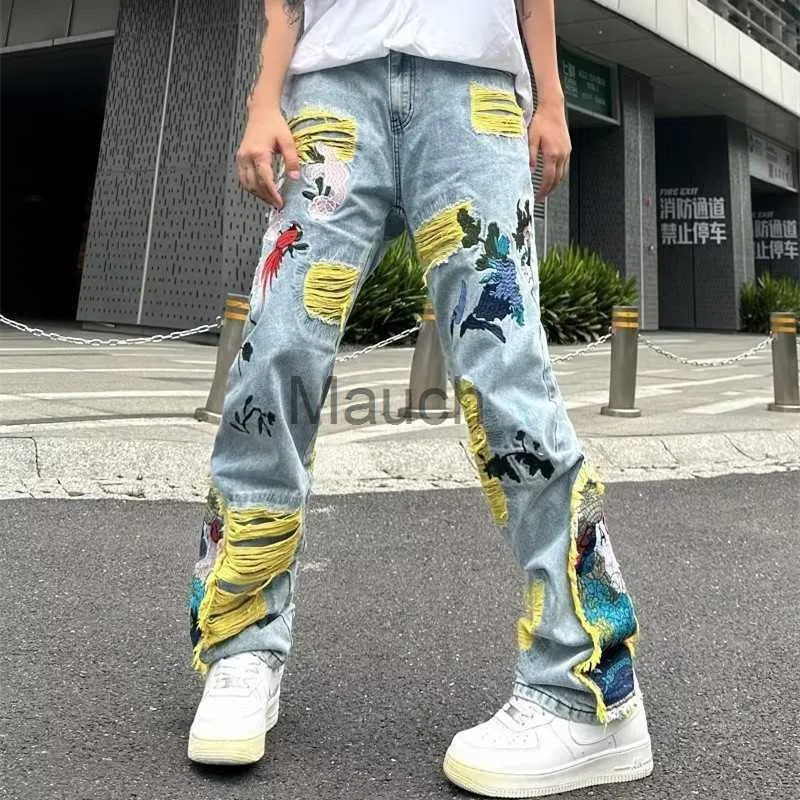 Jeans maschile 2023 ropa grunge y2k streetwear baggy raggy jeans pantaloni strappati uomini uomini sfarano ricami grafici hip hop pantaloni in denim pantalon j230626