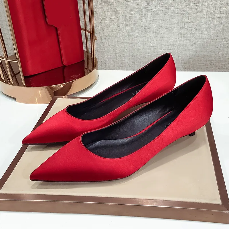 Kvinnliga sidenpumpar Big Size Women Red Navy Blue Sliver Fashion Office Working Wedding Party Shoes Low High Heels Autumn E0085