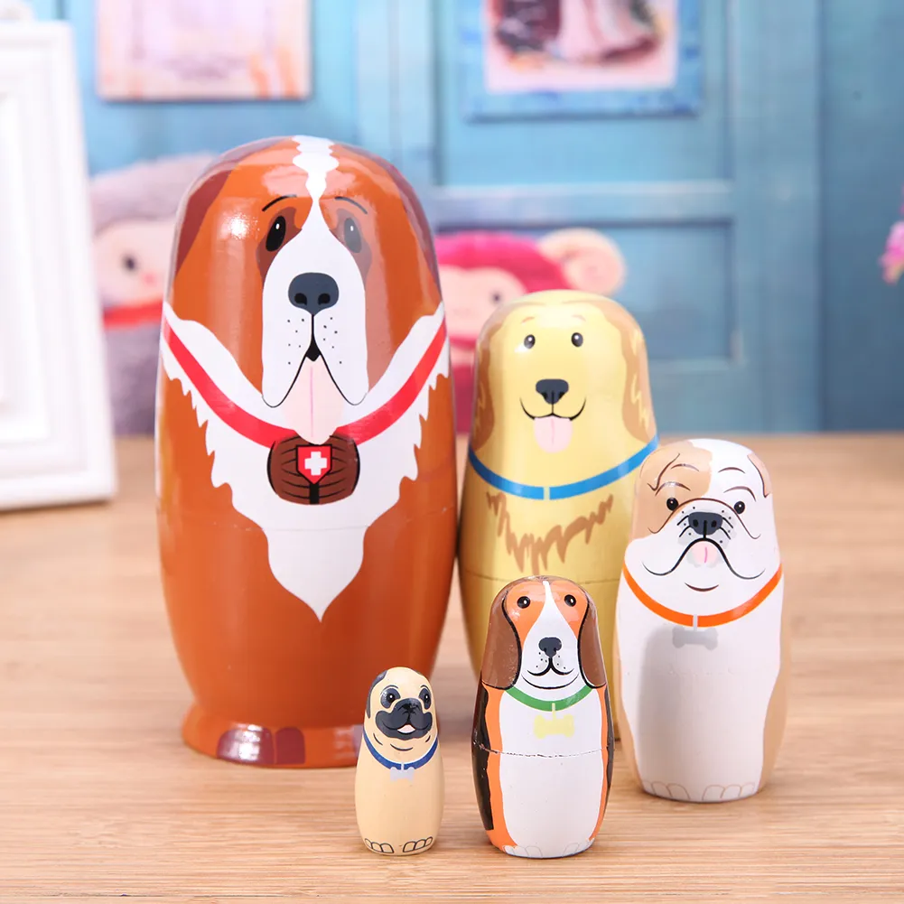 Wooden Russian Nesting Dolls Dog Family Basswood Toy Set