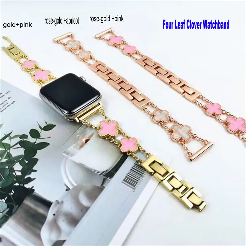 Metal Four Leaf Clover Watch Band Compatible med Apple Watch 38mm 40mm 41mm 42mm 44mm 45mm 49mm Dressy Strap With Debosed Designer för IWATCH 8 7 6 5 Pretty Shiny Bands