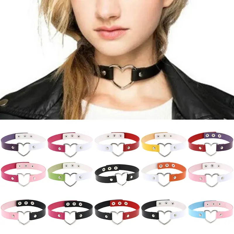 Mode kvinnor män cool punk goth rivet hjärtan läder krage choker halsband smycken tillbehör 18 färger