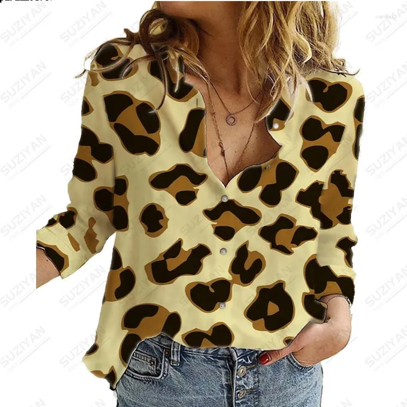 Blusas femininas primavera camisa feminina de manga comprida com estampa colorida de leopardo 3D gola polo botão personalizado casual commuter top