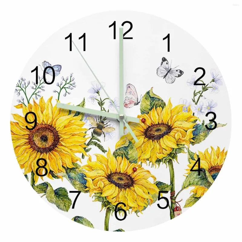 Wall Clocks Sunflower Flower Butterfly Bee White Luminous Pointer Clock Home Ornaments Round Silent Living Room Office Decor