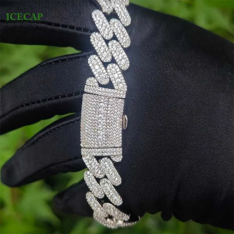 Pulseira de prata 925 Vvs Moissanite Corrente cubana com 3 fileiras de diamantes Miami Corrente de elos cubana para homens