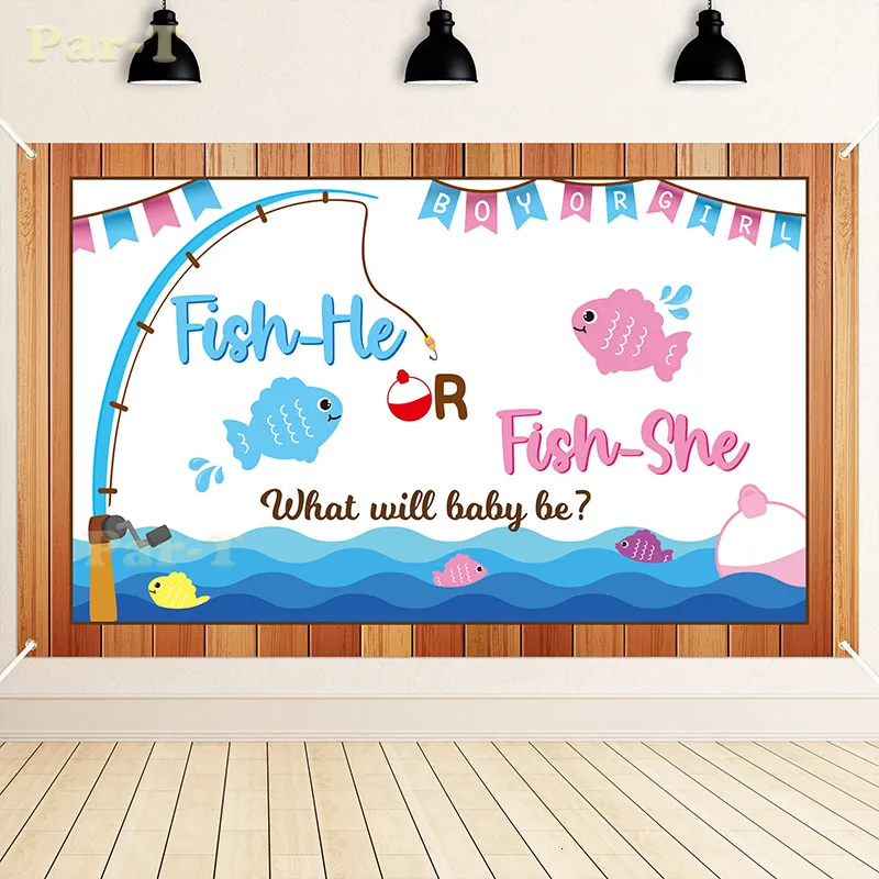 Novelty Games Gone Fishing Gender Reveal Poster Po Backdrop Blue Boy Pink Girl Baby Shower Party Background Decoration for Parent to Be 230625