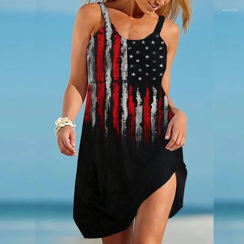 Vestidos Casuais Vestido Bandeira dos EUA Moda Feminina Verão Americano Alça Praia Boêmio Sem Mangas Festa Noite Bainha Elegante Boho