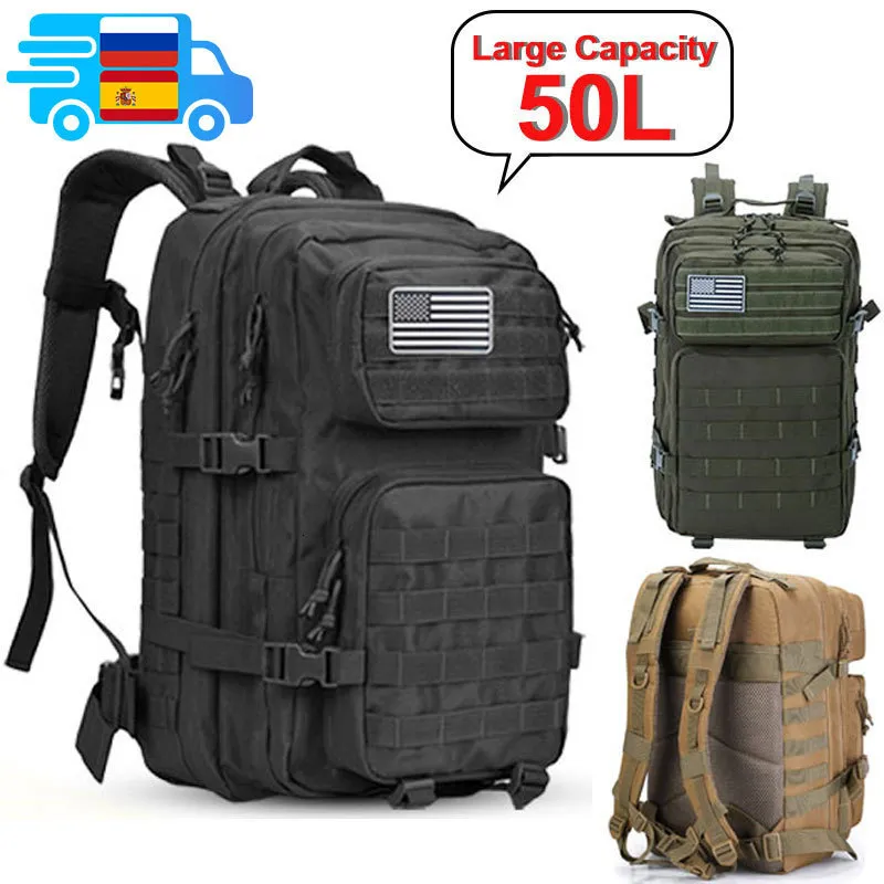 Backpacking Packs 50l Army Military Tactical Rackpack Men's Travel Stora Capacity Rucks Män Vattentät utomhussport Multifunktionella väskor 230625