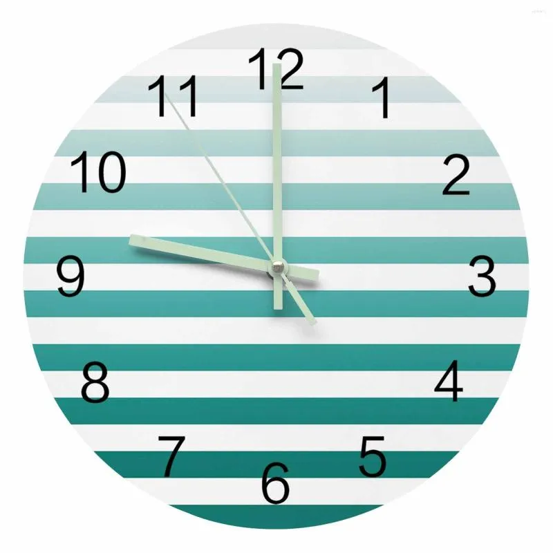 Wall Clocks Geometric Stripe Cyan Turquoise Gradient Luminous Pointer Clock Home Ornaments Round Silent Living Room Decor