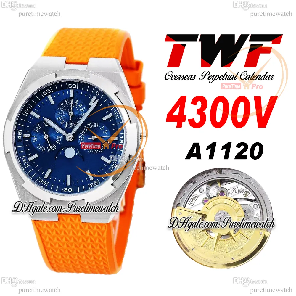 TWF Overseas Perpetual Calendar Moonphase 4300V A1120 Relógio masculino automático Caixa de aço Mostrador azul Laranja Borracha Super versão Reloj Hombre Edition Puretime c3