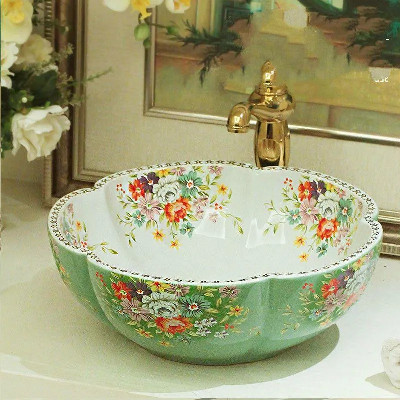 Pia de banheiro de cerâmica Jingdezhen, lavatório de bancada, pia de banheiro, xampu, forma de flor Agjjt