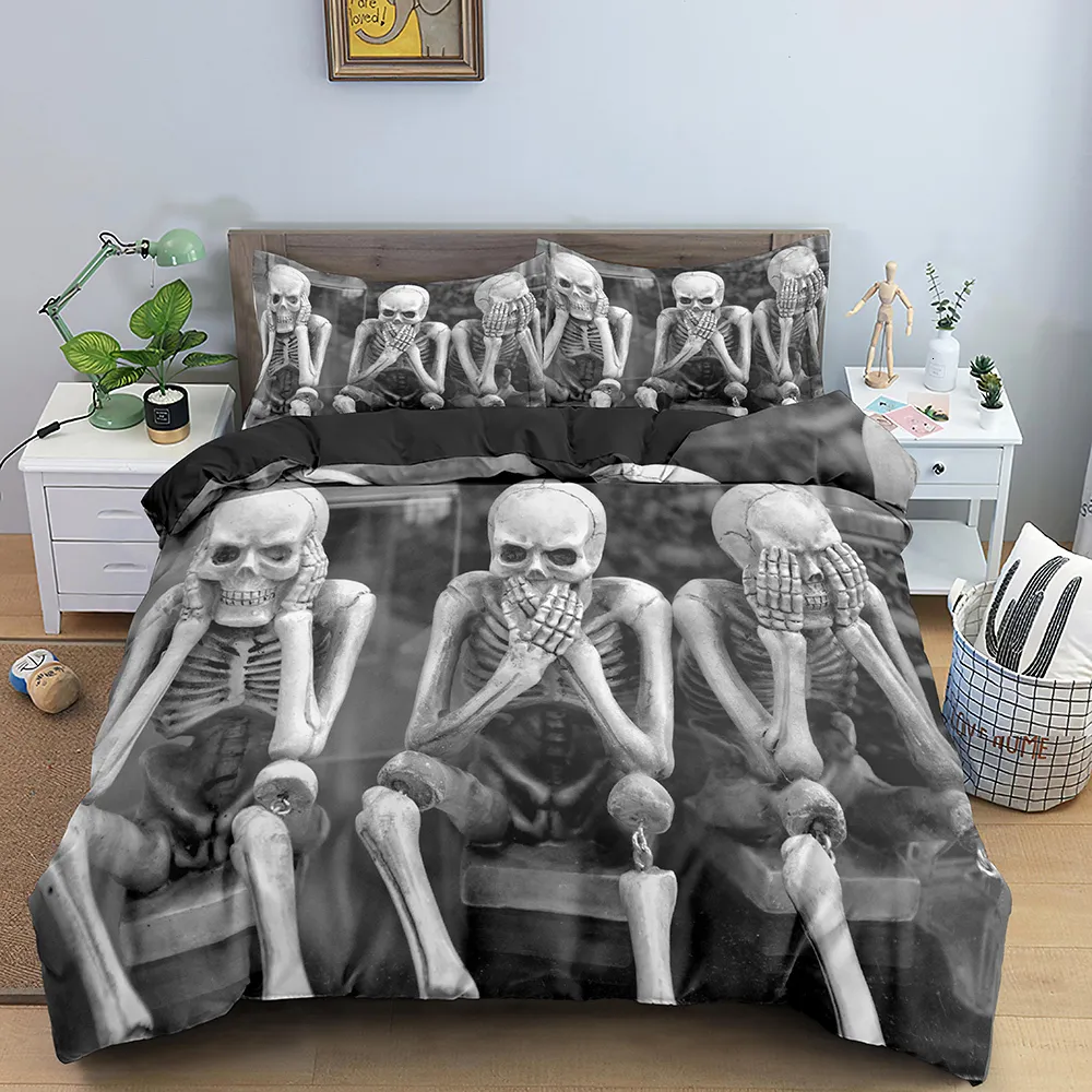 Sängkläder sätter 3D Skull Däcke Cover 220x240 skelett sängkläder set lyxigt täcke med dragkedja med dragkedja 23 st queen size comporter set 230625