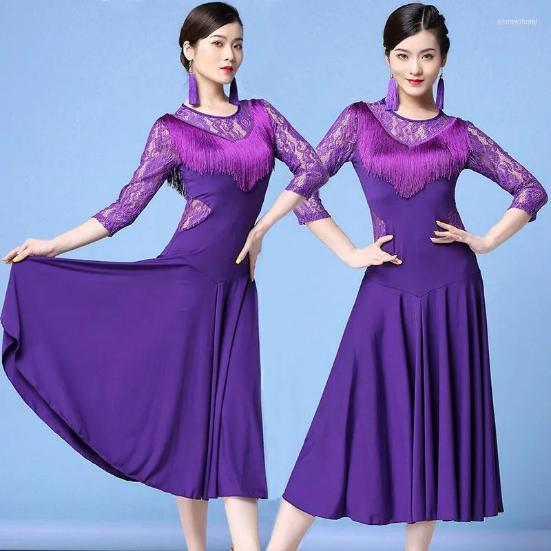 Stage Wear Purple Lace One-Piece Latin Dance Competition Modern Dresses Women Salsa Samba Dress Fringes Costumes